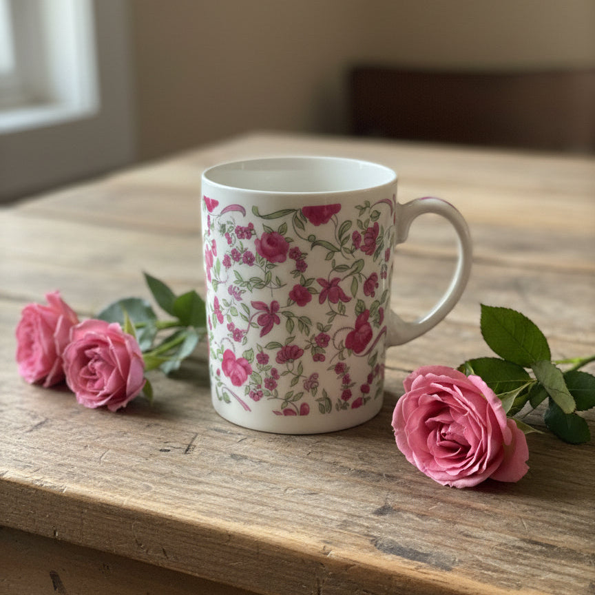 Vintage 70s Coffee Cup Mug Mini Mug Pink Roses Porcelain Japan 3 3/8" Tall