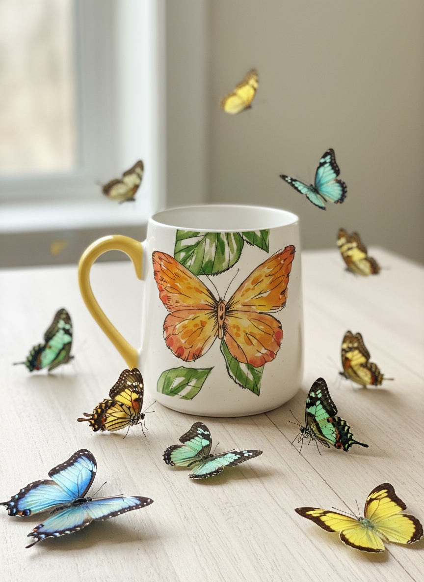 Butterfly Coffee Mug Cup New Yellow Interior Green Leaves Ceramic Seeds & Sunshiine 4.25" Tall