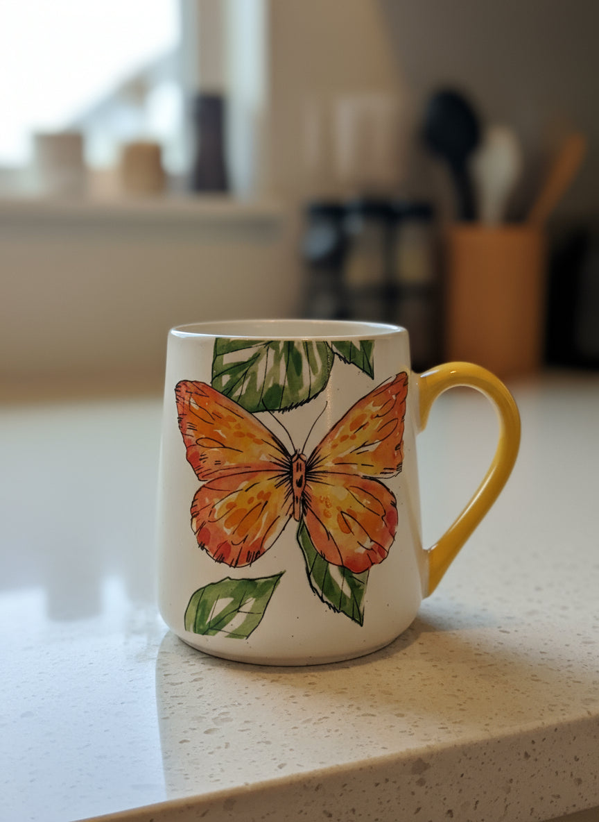 Butterfly Coffee Mug Cup New Yellow Interior Green Leaves Ceramic Seeds & Sunshiine 4.25" Tall