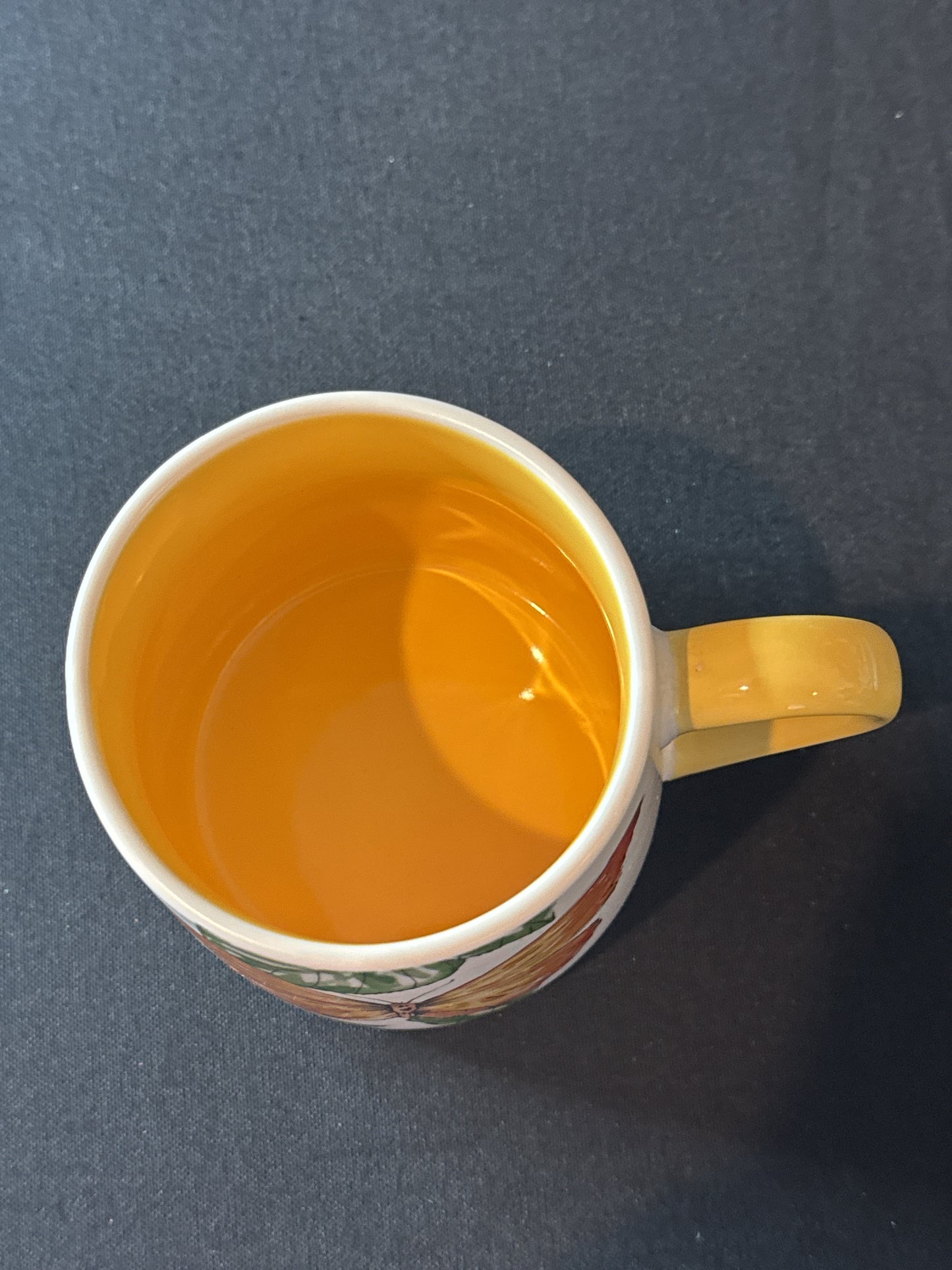 Butterfly Coffee Mug Cup New Yellow Interior Green Leaves Ceramic Seeds & Sunshiine 4.25" Tall