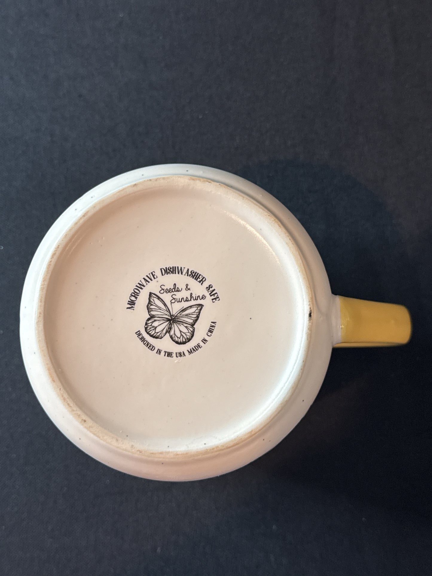 Butterfly Coffee Mug Cup New Yellow Interior Green Leaves Ceramic Seeds & Sunshiine 4.25" Tall