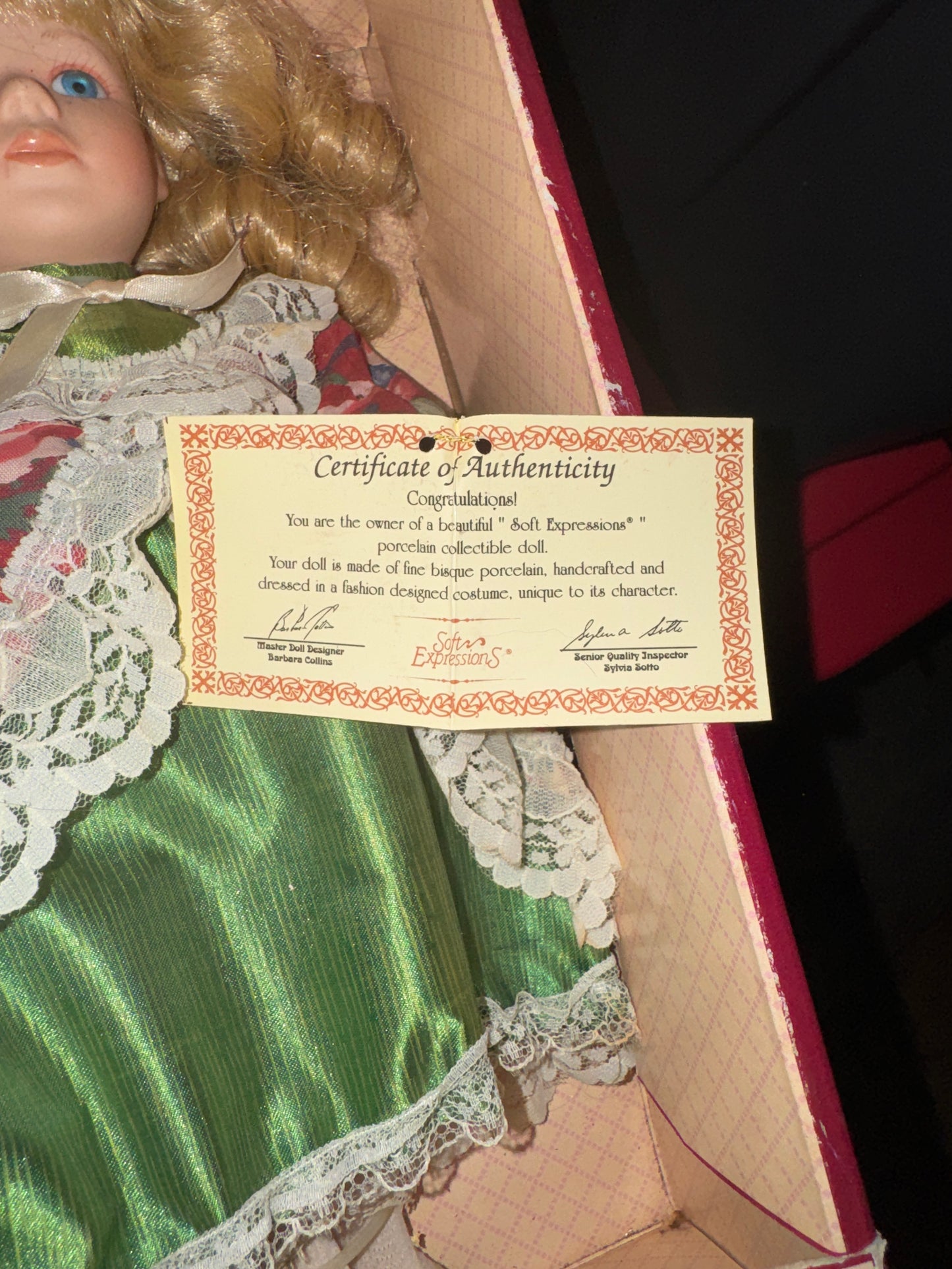 Soft Expressions Genuine Fine Bisque Porcelain Doll in Box by Dan-Dee International Green Dress