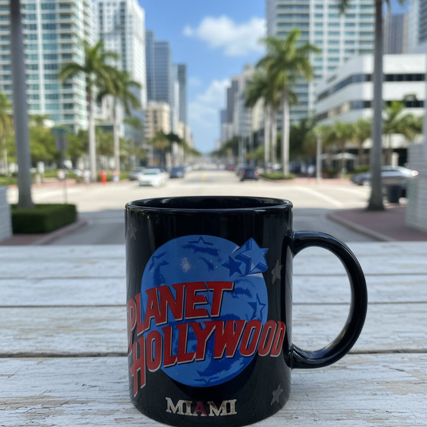 Planet Hollywood Miami Florida Black Coffee Mug Cup 3 5/8" Tall Rare Vintage
