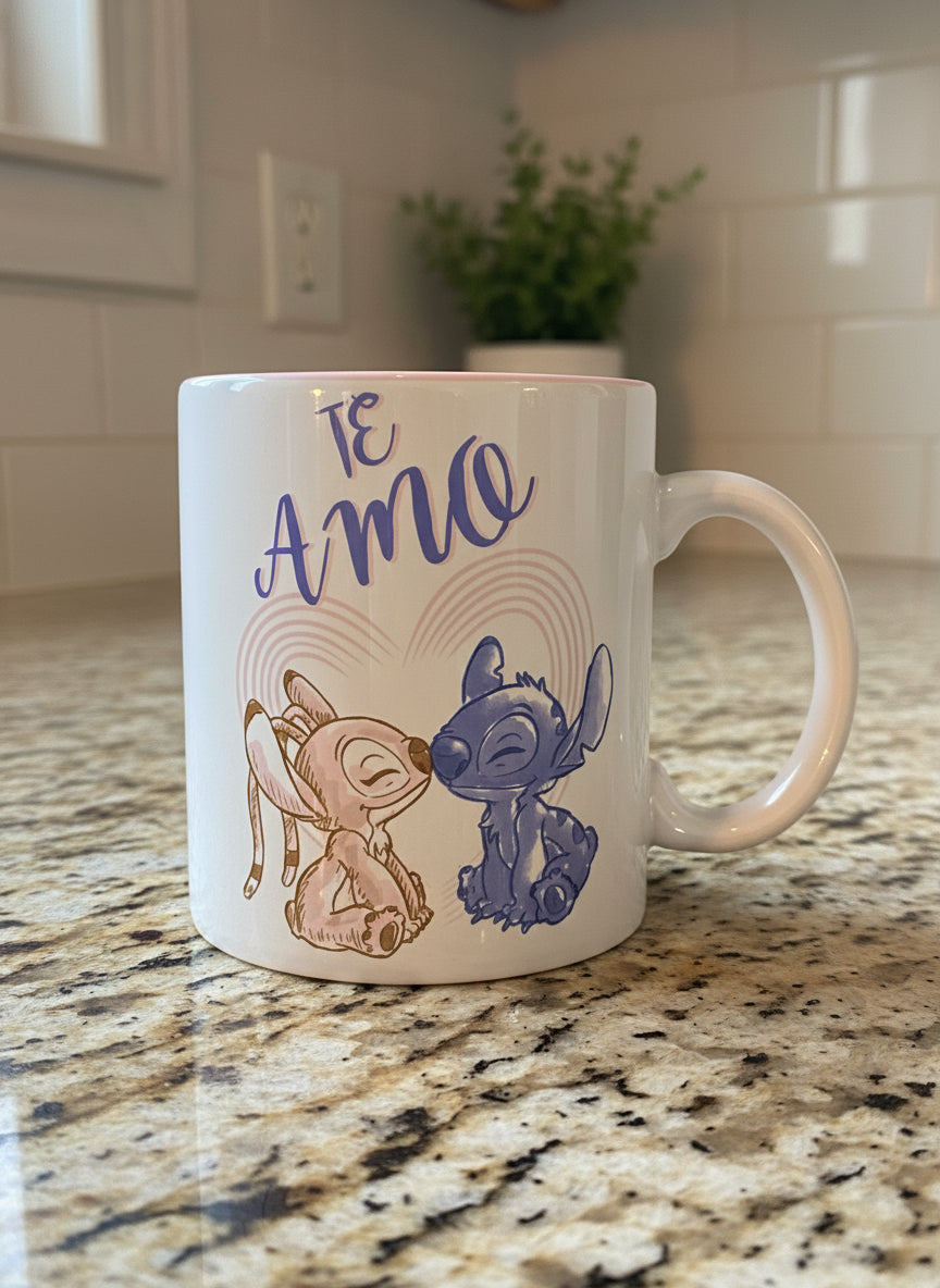 Lilo & Stitch Te Amo Coffee Cup Mug 20oz Large Pink Interior 4 3/8" Tall New