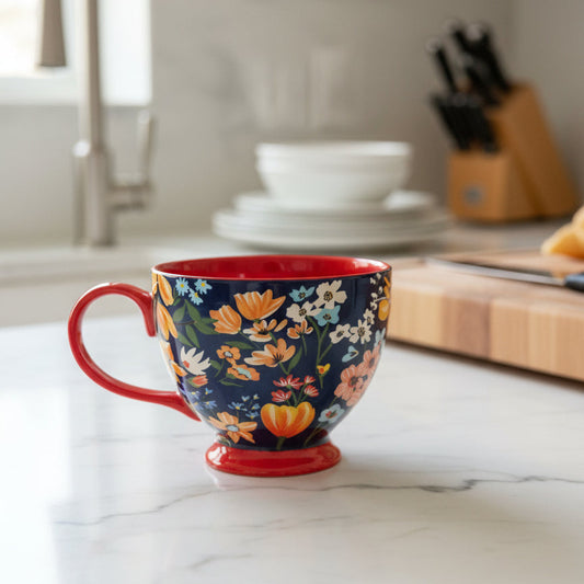 Potter's Studio Footed Coffee Cup Mug Colorful Flowers, 14oz 3 5/8" Tall New