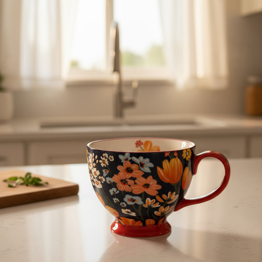 Potter's Studio Footed Coffee Cup Mug Colorful Flowers, 14oz 3 5/8" Tall New