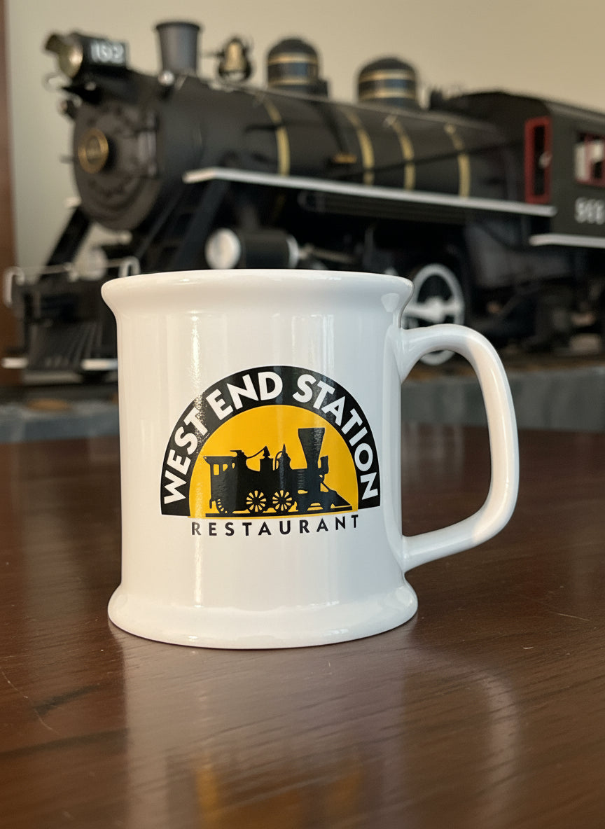 The West End Station Restaurant Souvenir Coffee Cup Mug Train Station 4" Tall