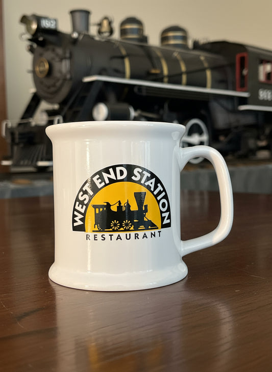 The West End Station Restaurant Souvenir Coffee Cup Mug Train Station 4" Tall