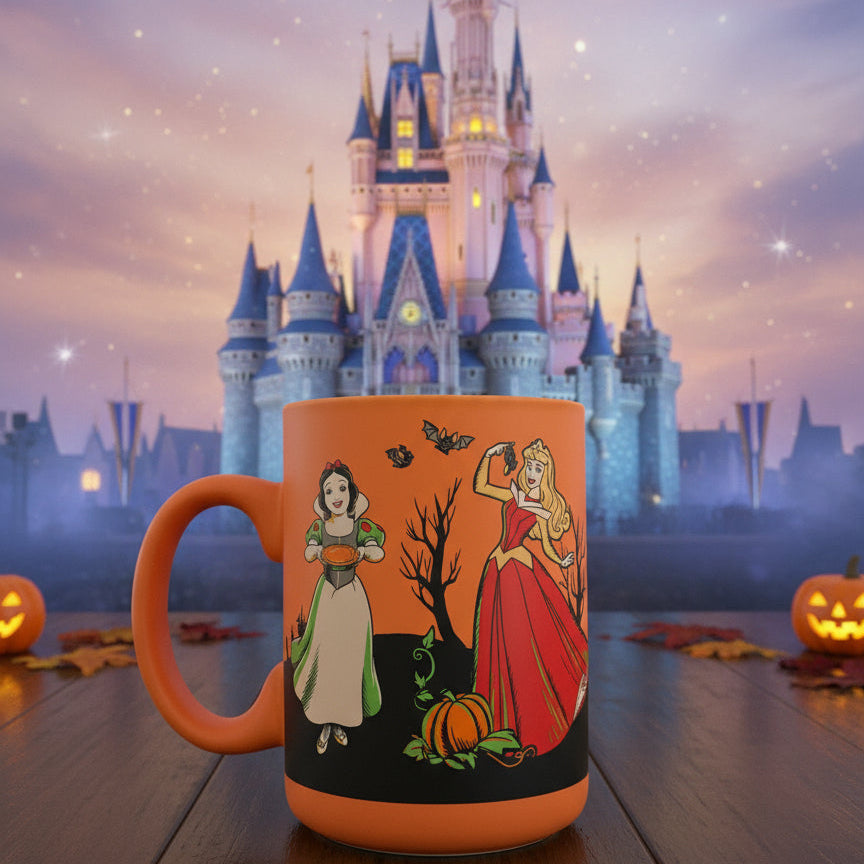 Disney Halloween Princess Soft Touch Coffee Cup Mug Orange Ariel Snow White New 4.75" Tall