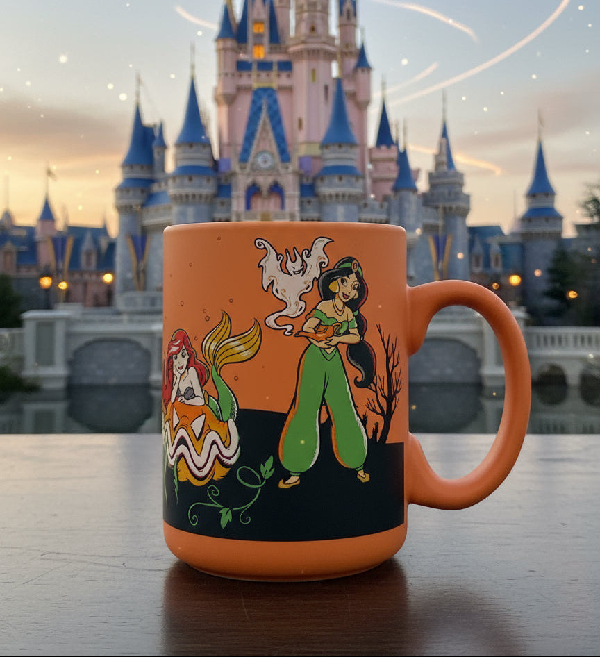 Disney Halloween Princess Soft Touch Coffee Cup Mug Orange Ariel Snow White New 4.75" Tall