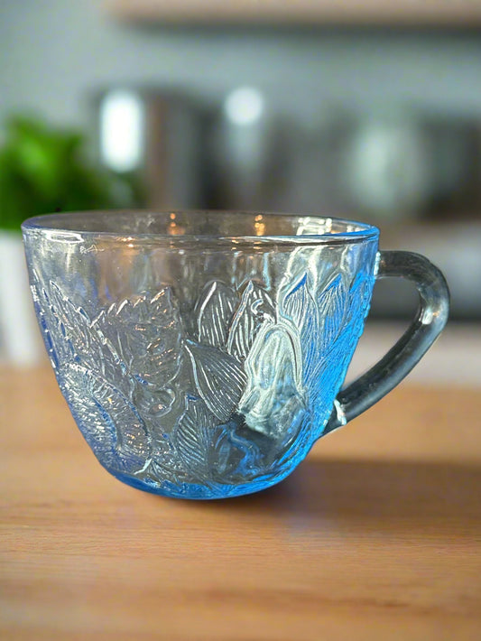 Vintage KIG Indonesia Ice Blue Glass Punch Cup Embossed Fruit Replacement Glows