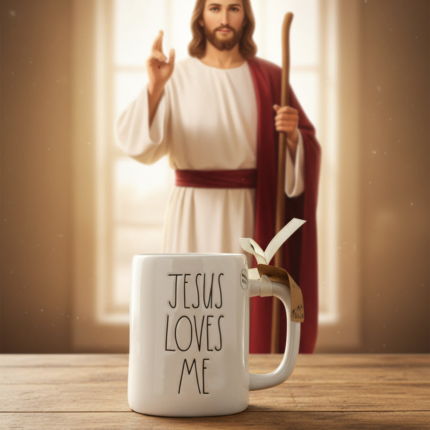 Rae Dunn Jesus Loves Me Tall Coffee Mug Cup New with Tags 5" Tall