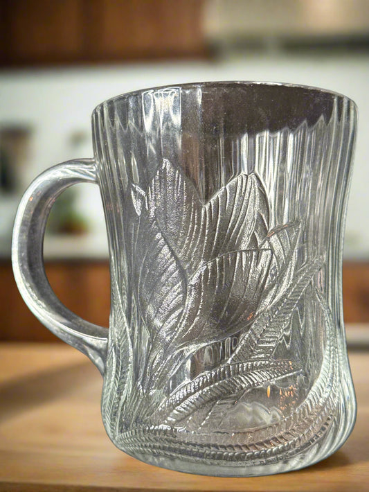 Canterbury 10oz Glass Mug By Arcoroc 4" Tall Floral Design Embossed