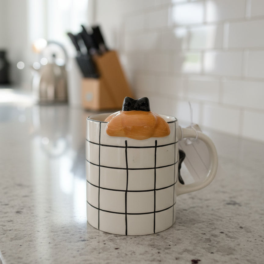 Petal & Pearl Large Coffee Cup Mug Croissant On Rim Black & White 4.25" Tall New