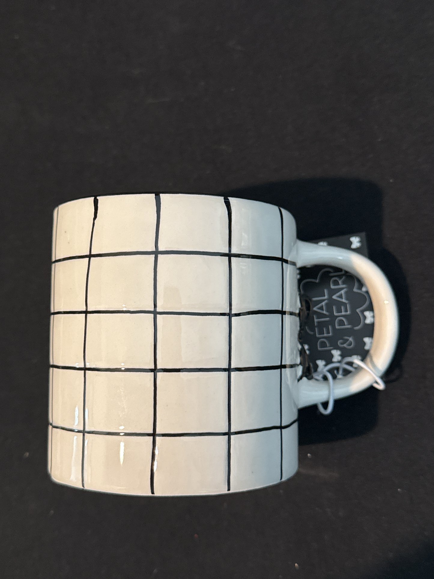 Petal & Pearl Large Coffee Cup Mug Croissant On Rim Black & White 4.25" Tall New