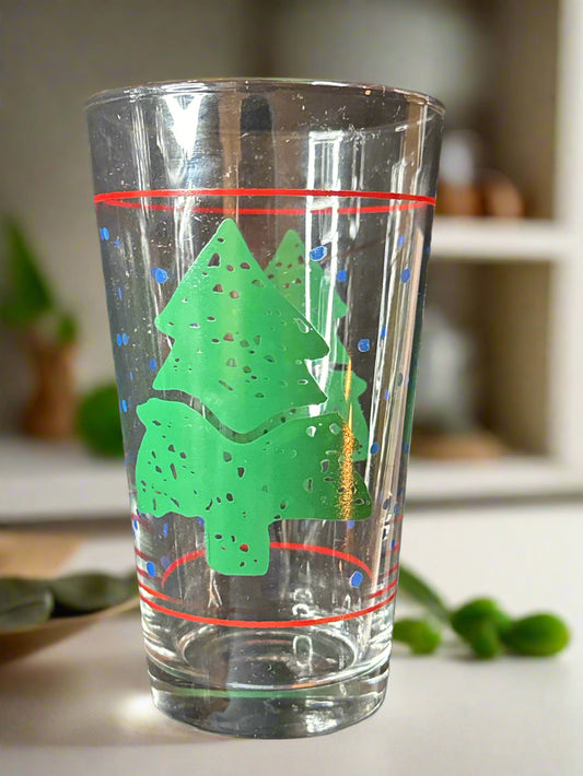 Christmas Tree Drinking Glass Red Stripes Blue Dots Gold Trim on Rim 5 7/8" Tall