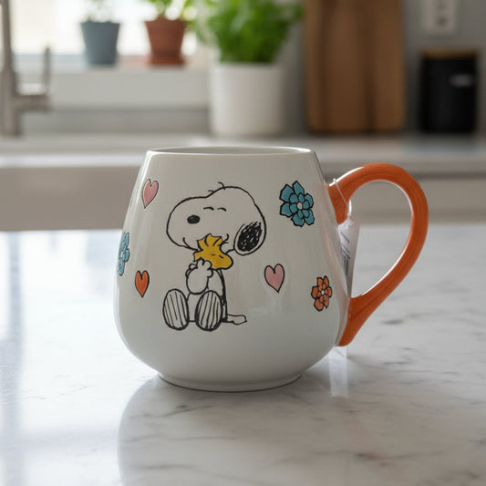 Peanuts Snoopy Woodstock Large Gibson Homewares Coffee Cup Mug Orange Interior 4.25"