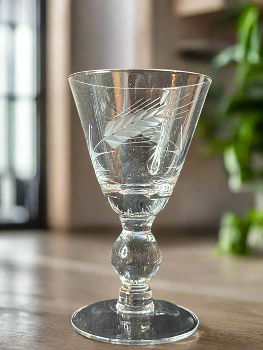 Wheat Etched Liquor Glass 4.5" Tall x 2 5/8" Wide at Rim.