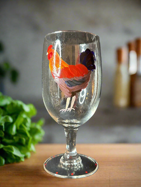 Rooster Hand Painted Large Glass Water Goblet 7" Tall x 2 7/8" Wide at Rim