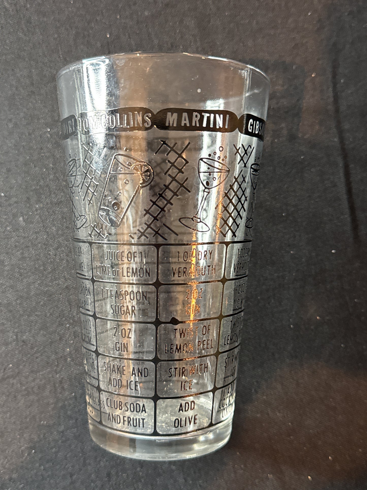 Mid Century Modern Federal Glass Cocktail Mixer Glass Black Printing 6" x 3.5"