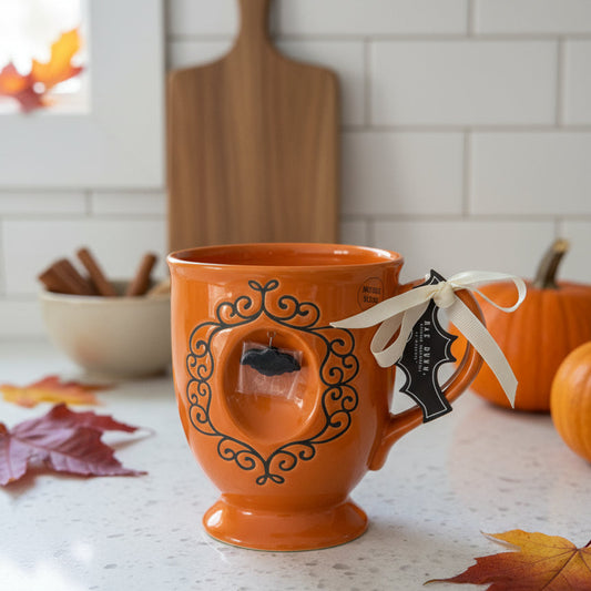 Rae Dunn Bat To The Bone Orange Black Footed Coffee Cup Mug New 5 1/8" Tall