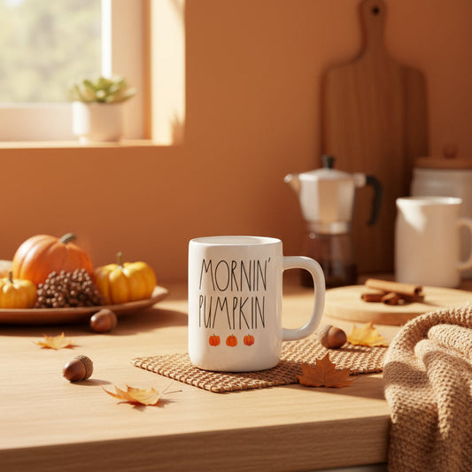 Rae Dunn Mornin' Pumpkin Coffee Cup Mug Artisan Collection by Magenta 4.75" Tall New