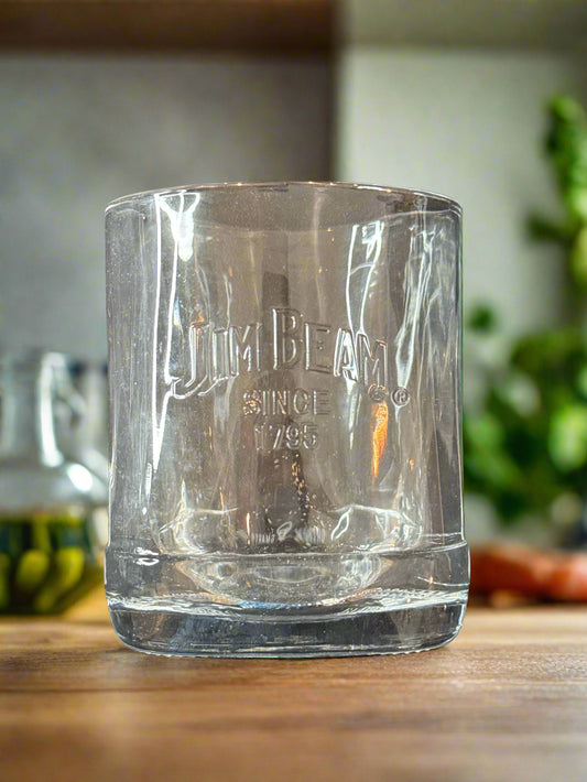 JIm Beam Bourbon Whiskey Etched Logo Barware Rounded Bourbon Glass 3.75" Tall