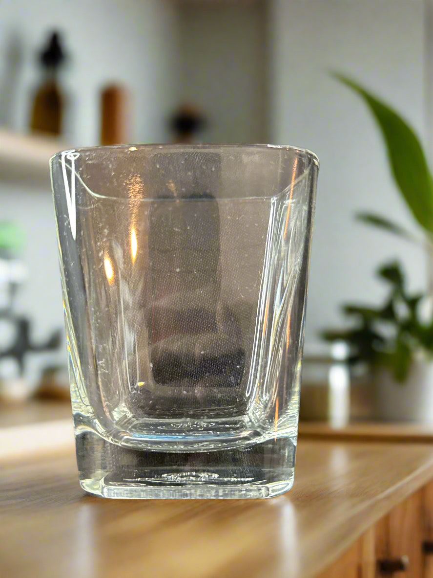 Crown Royal Glass Square Rocks Low Ball 3 5/8" Tall Bottom Embossed Italy