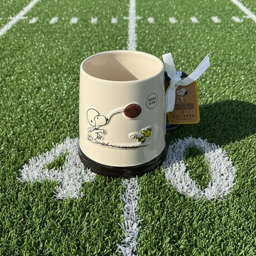 Rae Dunn Peanuts Go Team! Snoopy Woodstock Tall Coffee Mug Cup New with Tags 4 5/8" Tall