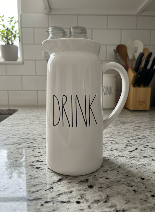 Rae Dunn DRINK Tall Pitcher 9" Tall White Artisan Collection by Magenta New