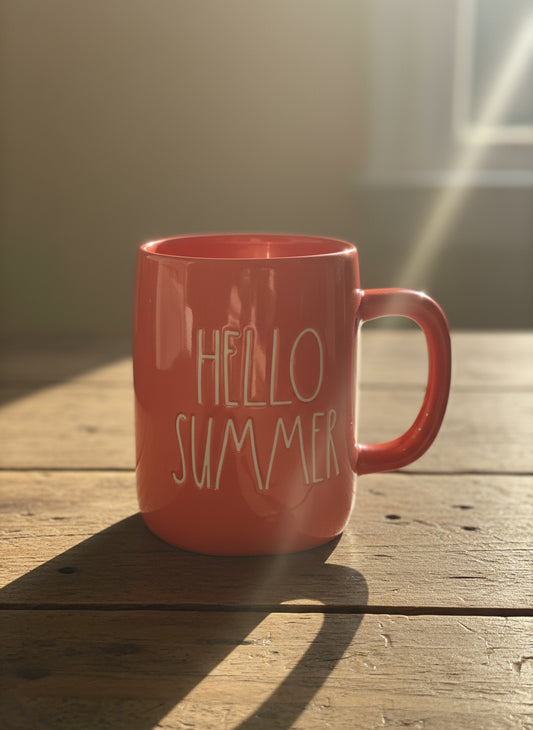 Rae Dunn Orange HELLO SUMMER Large Coffee Cup Mug 4.75" Tall Artisan Collection Magenta New