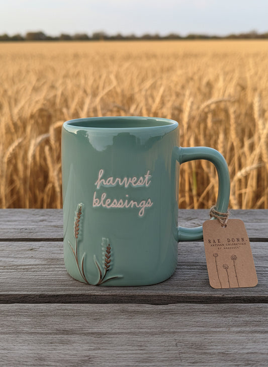Rae Dunn Harvest Blessings Green Blue Coffee Mug Cup 4 7/8" Tall New Artisan Collection
