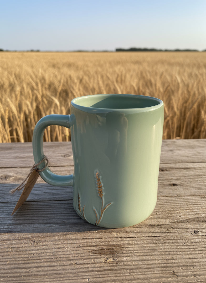 Rae Dunn Harvest Blessings Green Blue Coffee Mug Cup 4 7/8" Tall New Artisan Collection