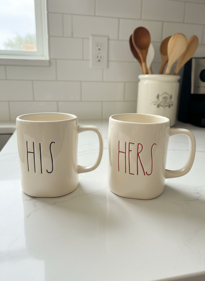 Rae Dunn His & Hers Tall Coffee Mugs Cups Artisan Collection by Magenta 4.75" Tall New