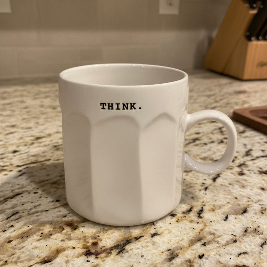 Rae Dunn THINK Magenta Ceramic Coffee Cup Mug Typewriter Font 4.25" Tall