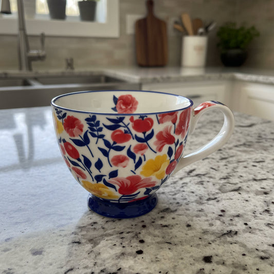 Potter's Studio Blue Footed Coffee Cup Mug Colorful Flowers, 14oz 3 5/8" Tall New