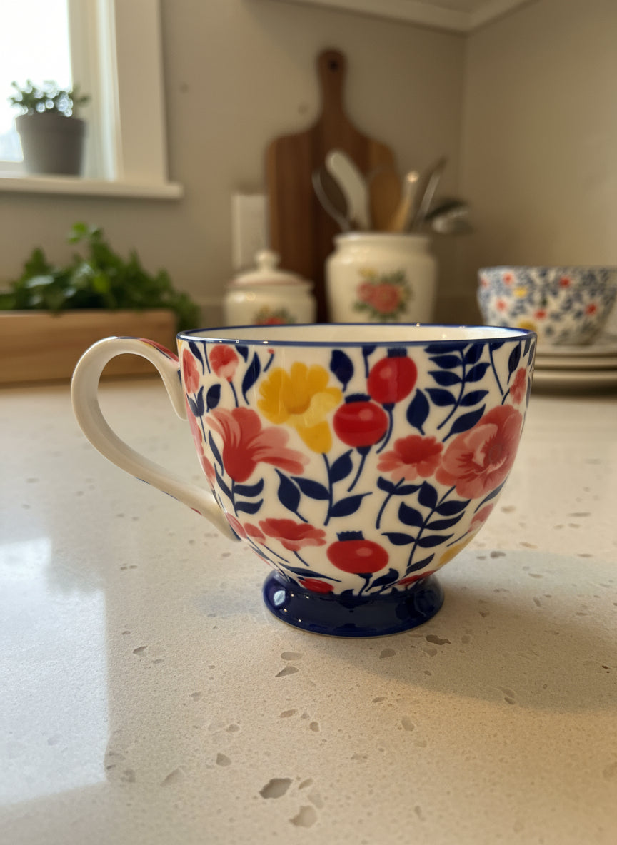 Potter's Studio Blue Footed Coffee Cup Mug Colorful Flowers, 14oz 3 5/8" Tall New