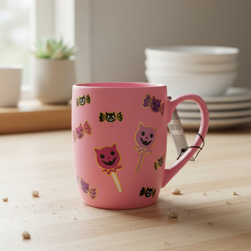 Cobwebs & Cauldrons Pink Soft Feel Cat Candy 4 3/8" Tall New