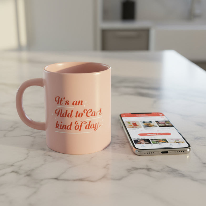 Parker Lane "It's an ADD to Cart Kind of Day" Pink Coffee Cup Mug 4 1/8" Tall New