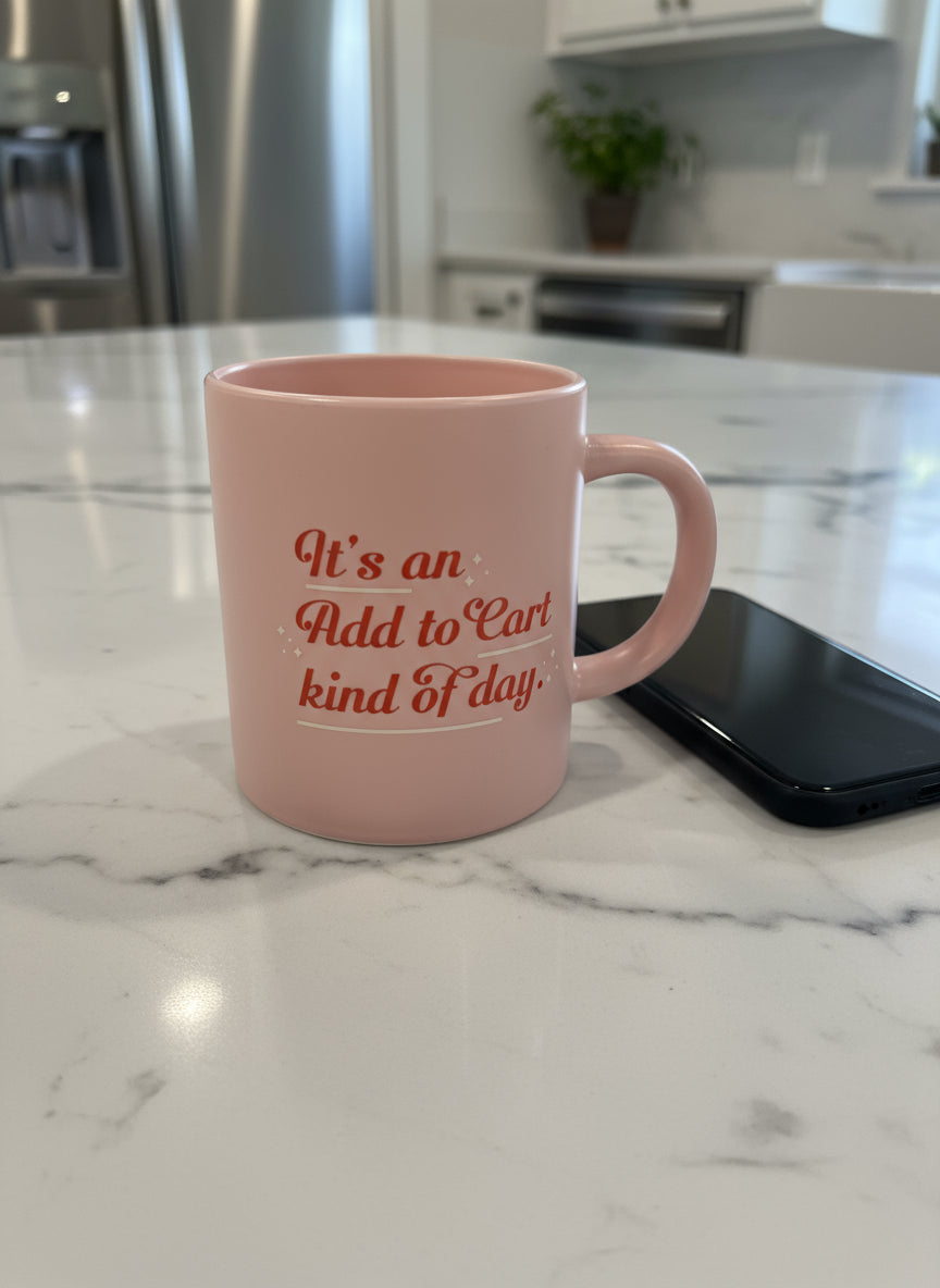 Parker Lane "It's an ADD to Cart Kind of Day" Pink Coffee Cup Mug 4 1/8" Tall New