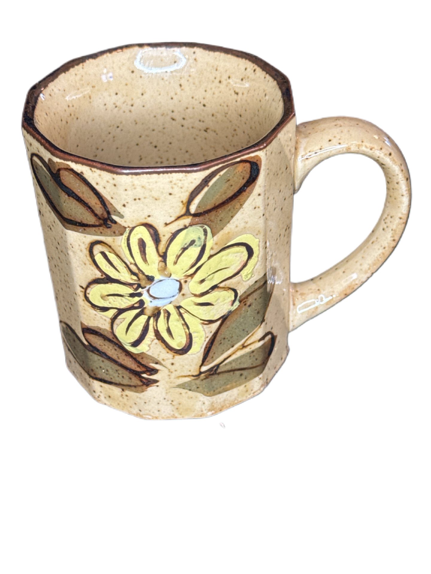 Vintage 70's Otagiri Style Japan Speckled Stoneware Boho Yellow Flower Coffee Cup Mug