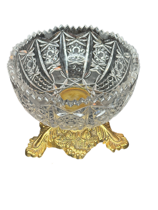 Brilliant Cut Glass Compote Bowl on Ornate Gold Pedestal Base