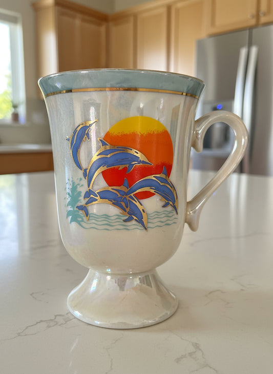 Dolphin Themed Pearlescent Finish Footed Base Coffee Mug Cup 4" Tall