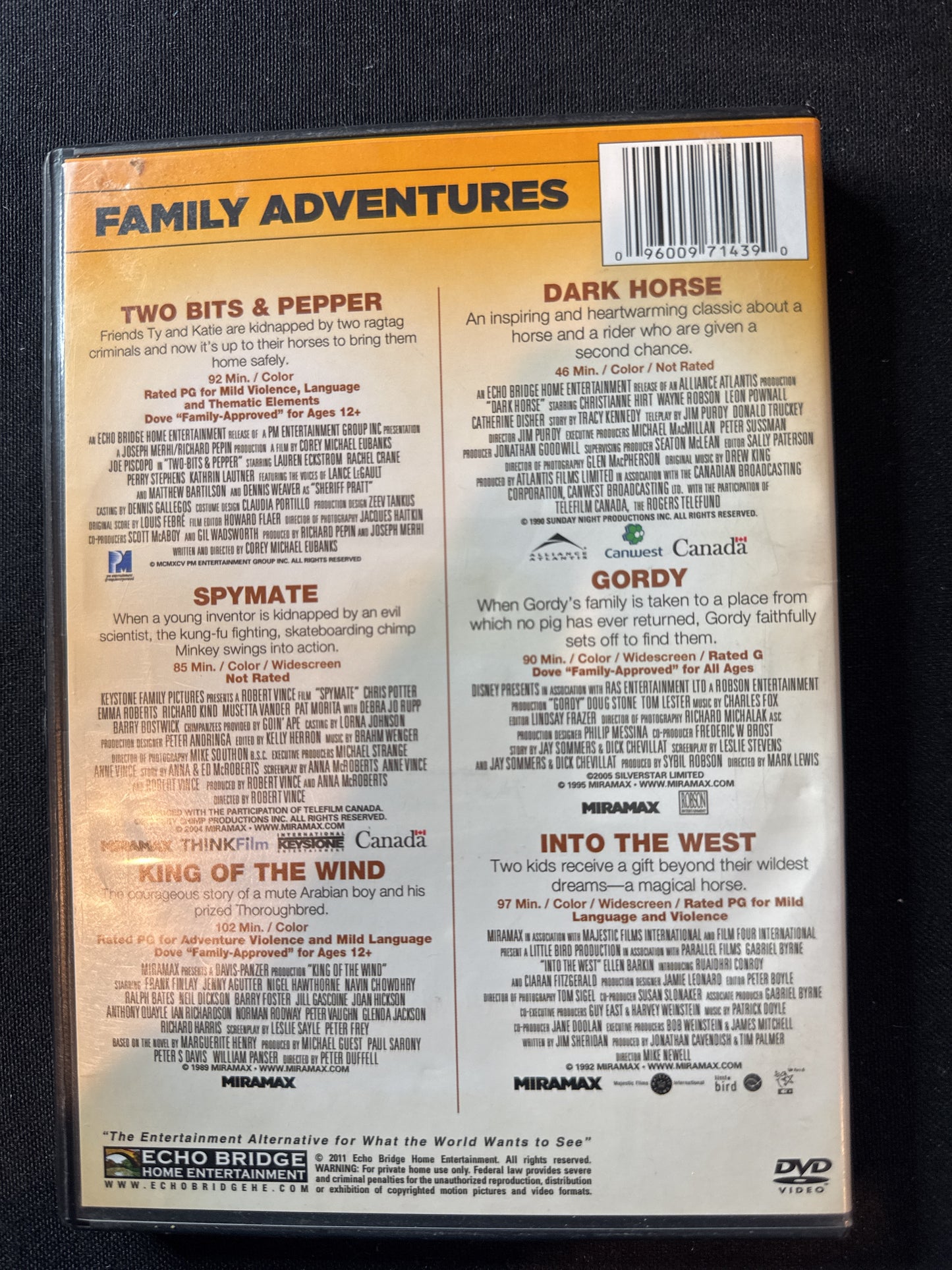 Family Adventures DVDs 6 Movie Pack Two Bits & Pepper, Dark Horse, Spymate, Gordy