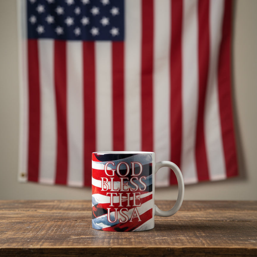 Vintage God Bless The USA Ceramic Coffee Cup Mug Red, White, Blue 3.75" Tall