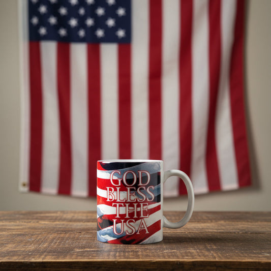 Vintage God Bless The USA Ceramic Coffee Cup Mug Red, White, Blue 3.75" Tall