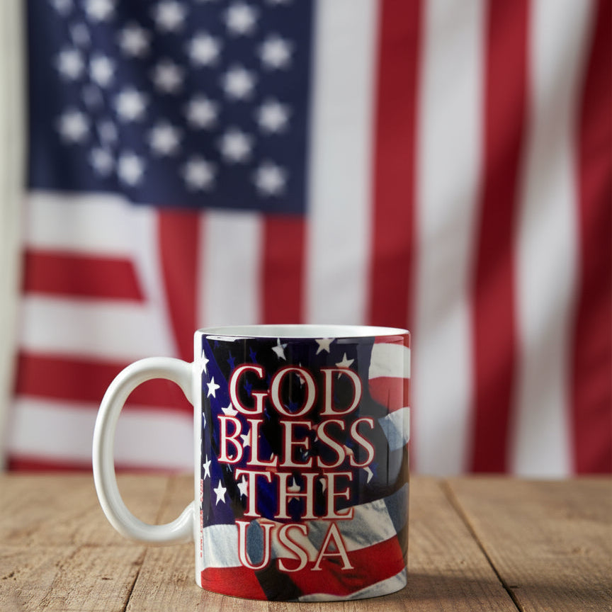 Vintage God Bless The USA Ceramic Coffee Cup Mug Red, White, Blue 3.75" Tall