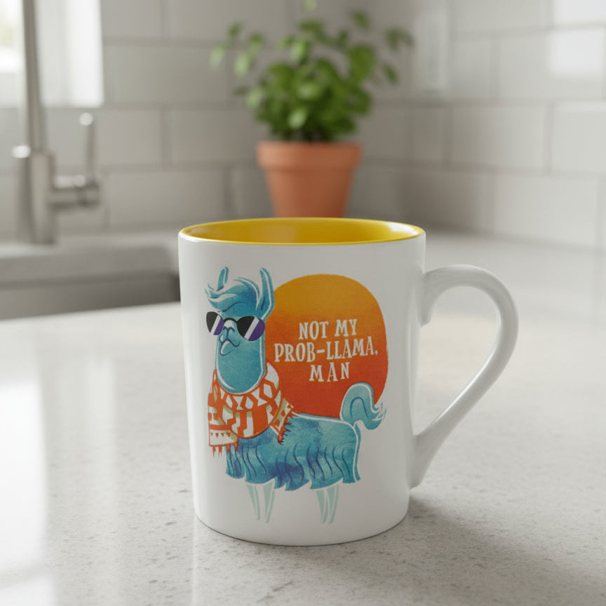 Not My Prob-Llama Man Large Coffee Mug Cup Yellow Interior 4 7/8" Tall