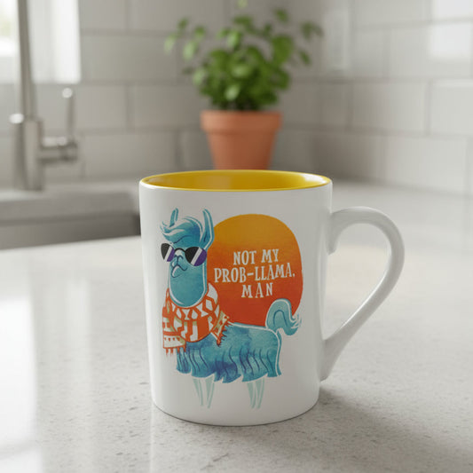 Not My Prob-Llama Man Large Coffee Mug Cup Yellow Interior 4 7/8" Tall