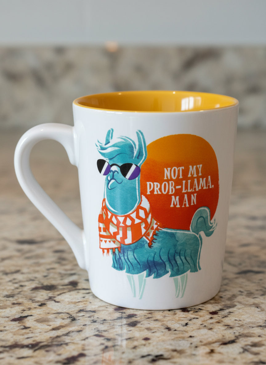 Not My Prob-Llama Man Large Coffee Mug Cup Yellow Interior 4 7/8" Tall